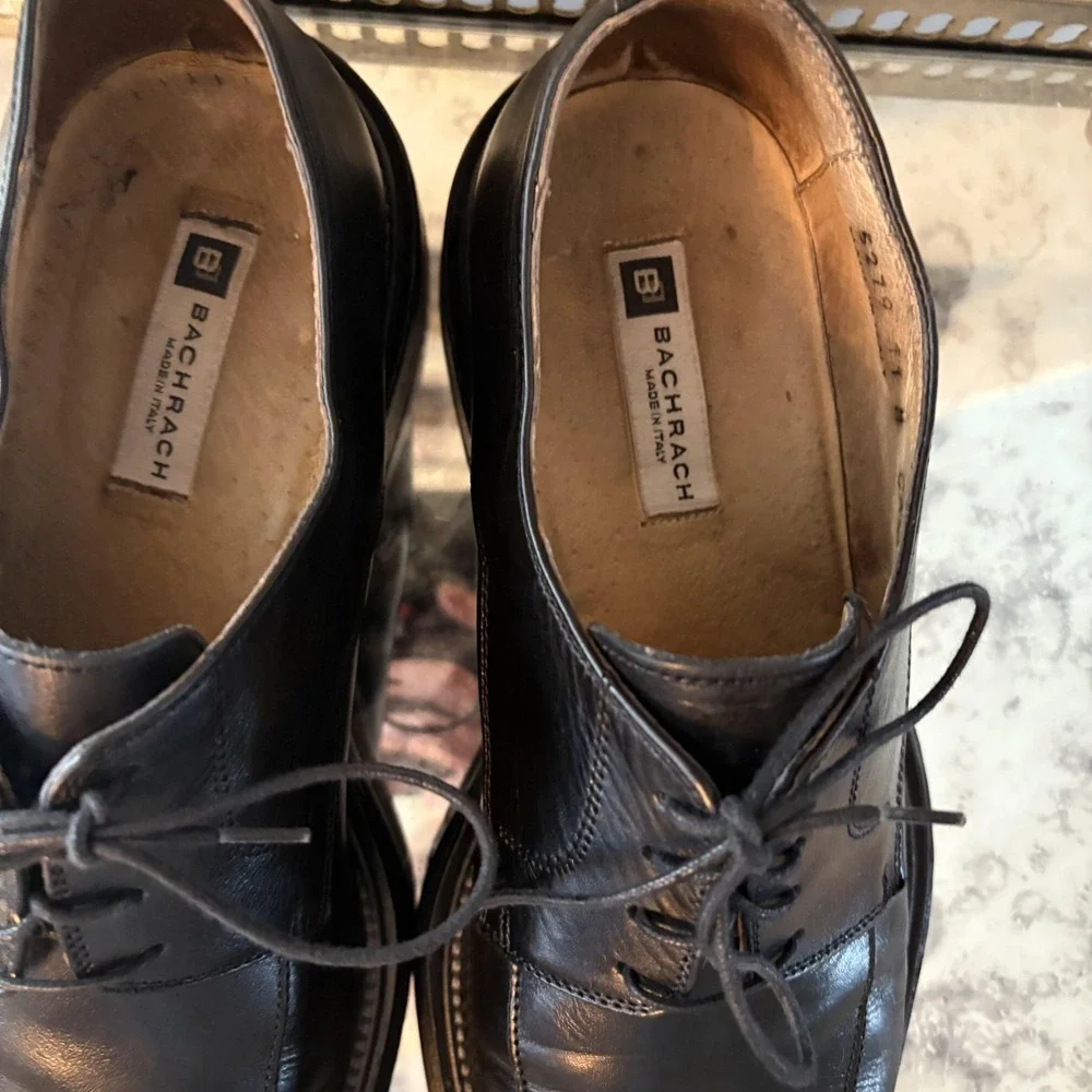 Bachrach Shoes Mens Size 11 Made in Italy Leather Derby Apron Toe‎ Black Dress